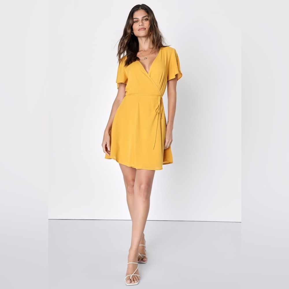 Lulu's Golden Yellow Wrap Mini Dress